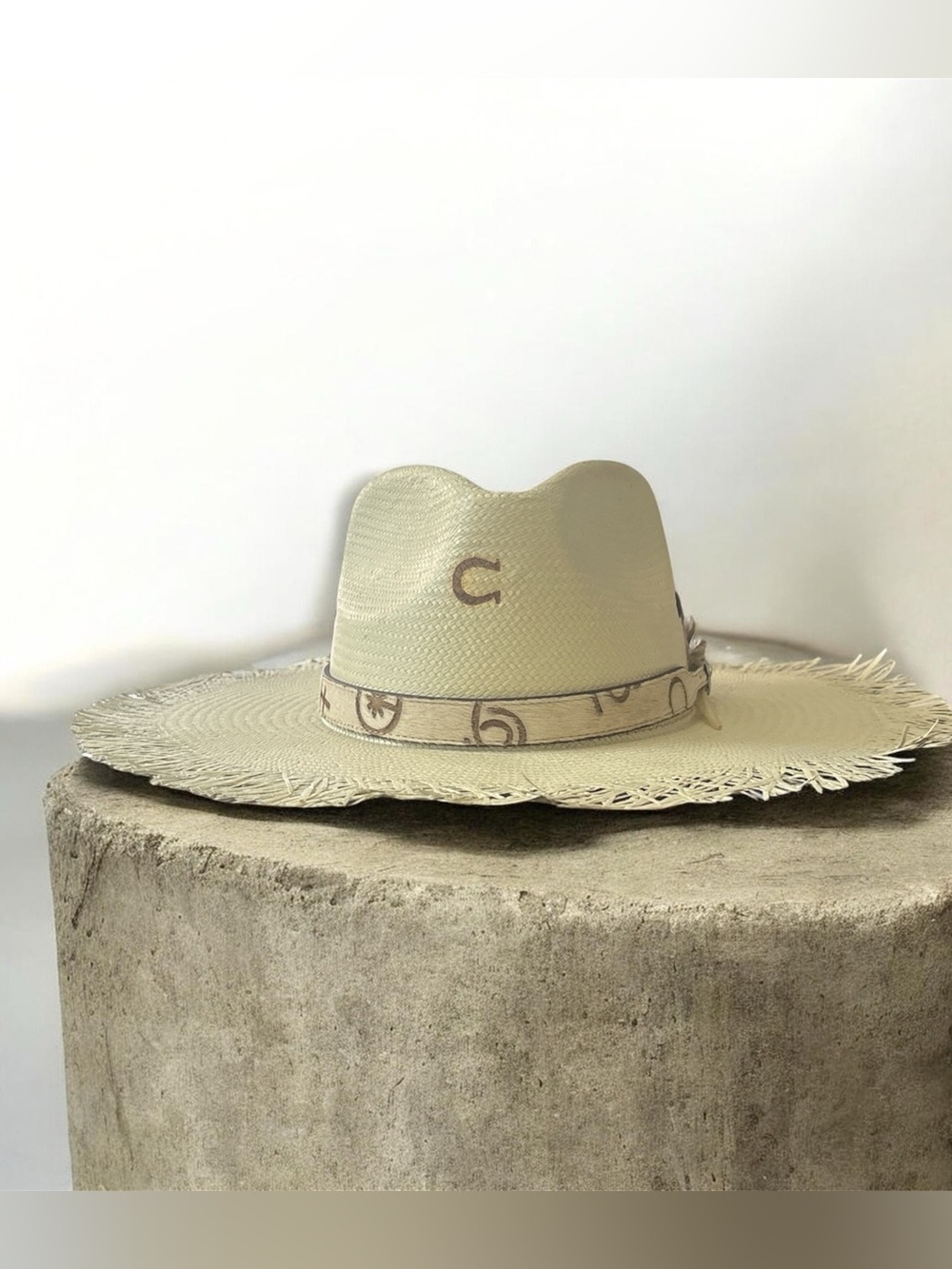 C Beige Straw Rancher Hat with Patterned Band